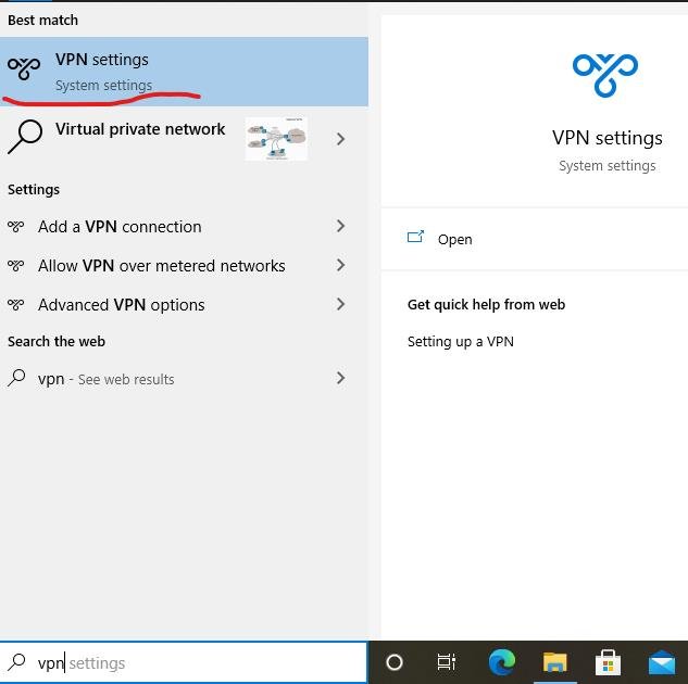 Search VPN in the Windows search box