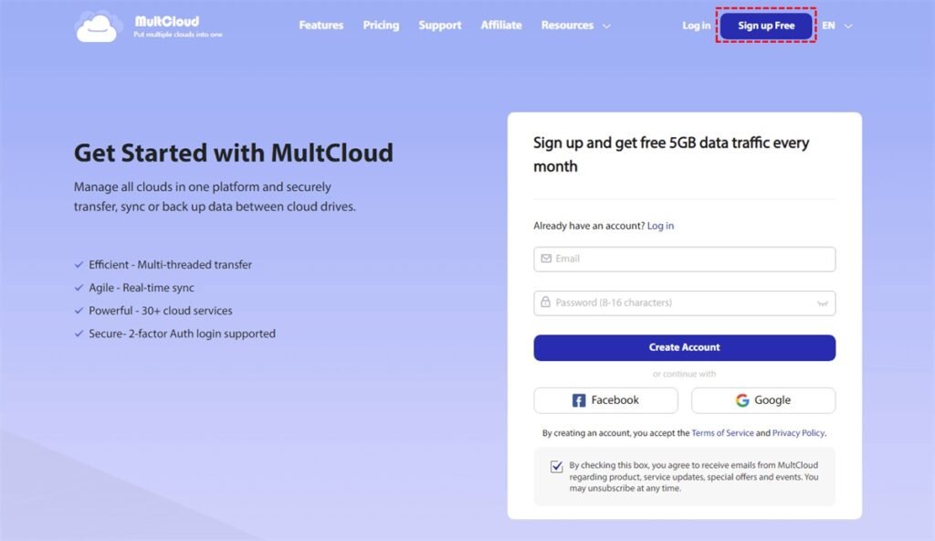 Sign up for MultCloud